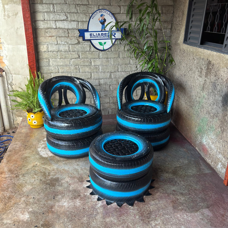 2 Poltrona Mais Um Mesinha Ecológica Simples Feita com Pneus – Conforto e Estilo para Ambientes Externos
